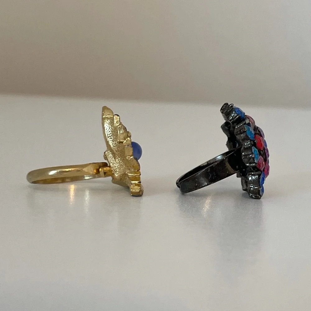 Vintage 70’s Rings Antique Gemstone Jewelry Adjustable 2 Piece Ring Set Blue Red